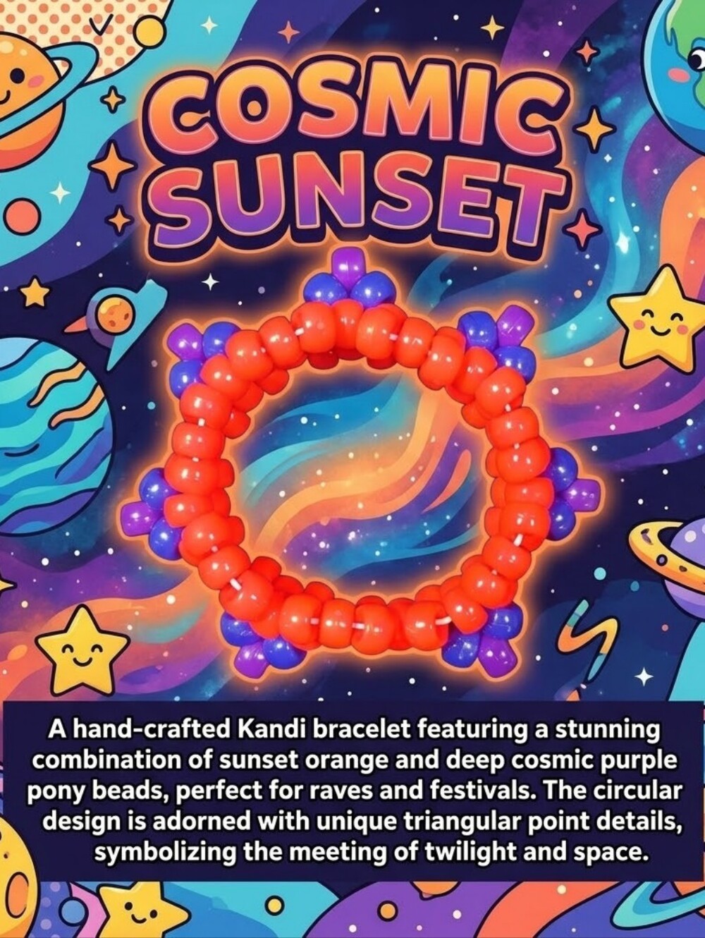 Cosmic Sunset Kandi - Spiked Kandi Cuff - EDM Rave Festival Jewelry